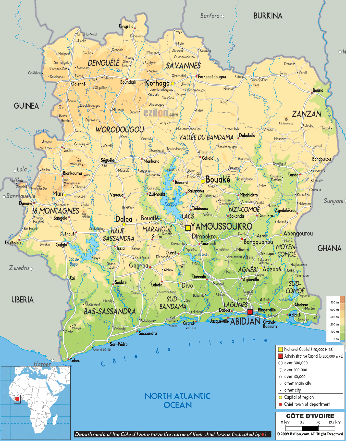 Cote d'Ivoire physique carte